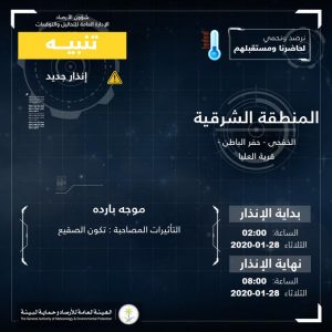 حالة الطقس في السعودية الثلاثاء 28 يناير 2020 ..والأرصاد تُحذر من العوائق الترابية حالة الطقس في السعودية الثلاثاء 28 يناير 2020 ..والأرصاد تُحذر من العوائق الترابية