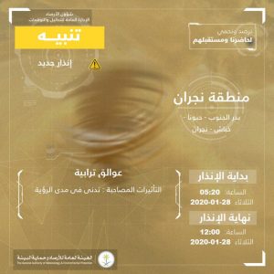 حالة الطقس في السعودية الثلاثاء 28 يناير 2020 ..والأرصاد تُحذر من العوائق الترابية حالة الطقس في السعودية الثلاثاء 28 يناير 2020 ..والأرصاد تُحذر من العوائق الترابية