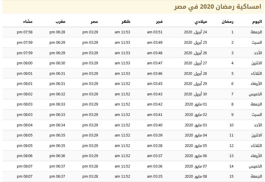 مواقيت الصلاة في شهر رمضان 2020 في مصر 1441 مواقيت الصلاة في شهر رمضان 2020 في مصر 1441