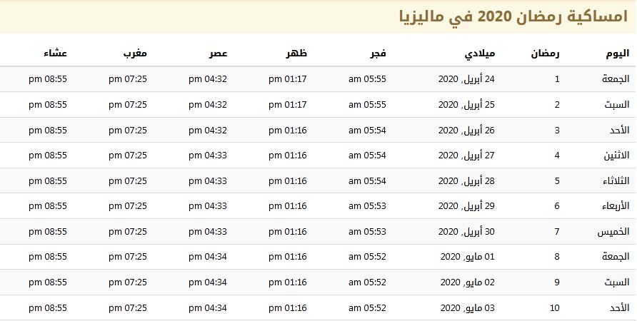 امساكية رمضان 2020 في ماليزيا 1441 امساكية رمضان 2020 في ماليزيا 1441