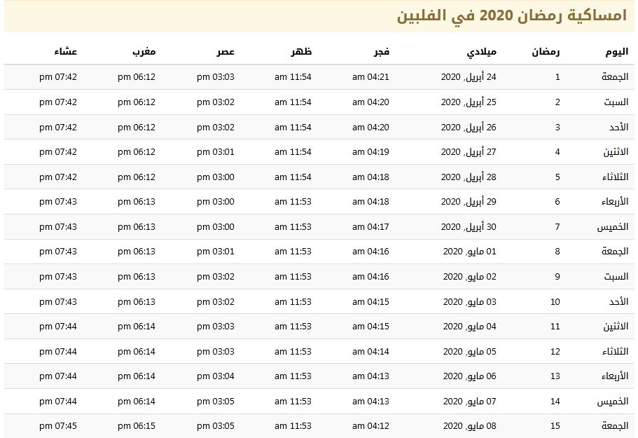 مواقيت الصلاة في شهر رمضان 2020 في الفلبين 1441 مواقيت الصلاة في شهر رمضان 2020 في الفلبين 1441