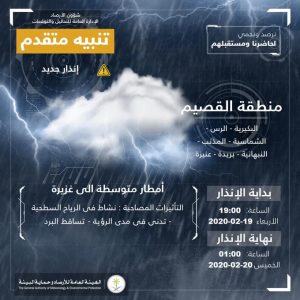 حالة الطقس في السعودية الأربعاء 19 فبراير 2020 ..والأرصاد تُحدّث الإنذار حالة الطقس في السعودية الأربعاء 19 فبراير 2020 ..والأرصاد تُحدّث الإنذار