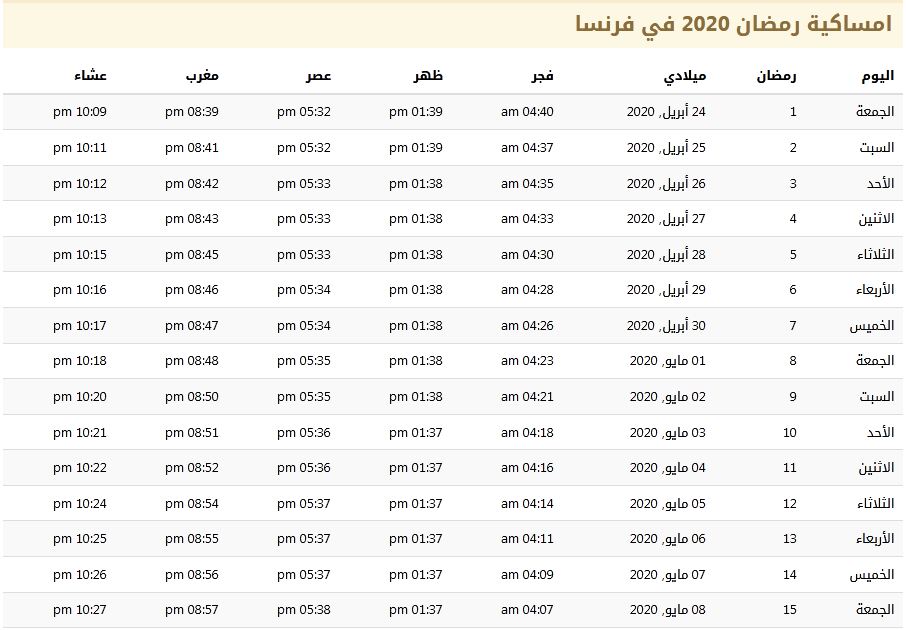 امساكية رمضان 2020 في فرنسا 1441 امساكية رمضان 2020 في فرنسا 1441