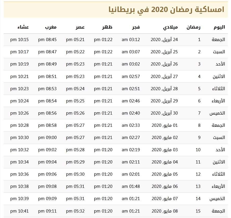 إمساكية شهر رمضان 1441 في بريطانيا إمساكية شهر رمضان 1441 في بريطانيا