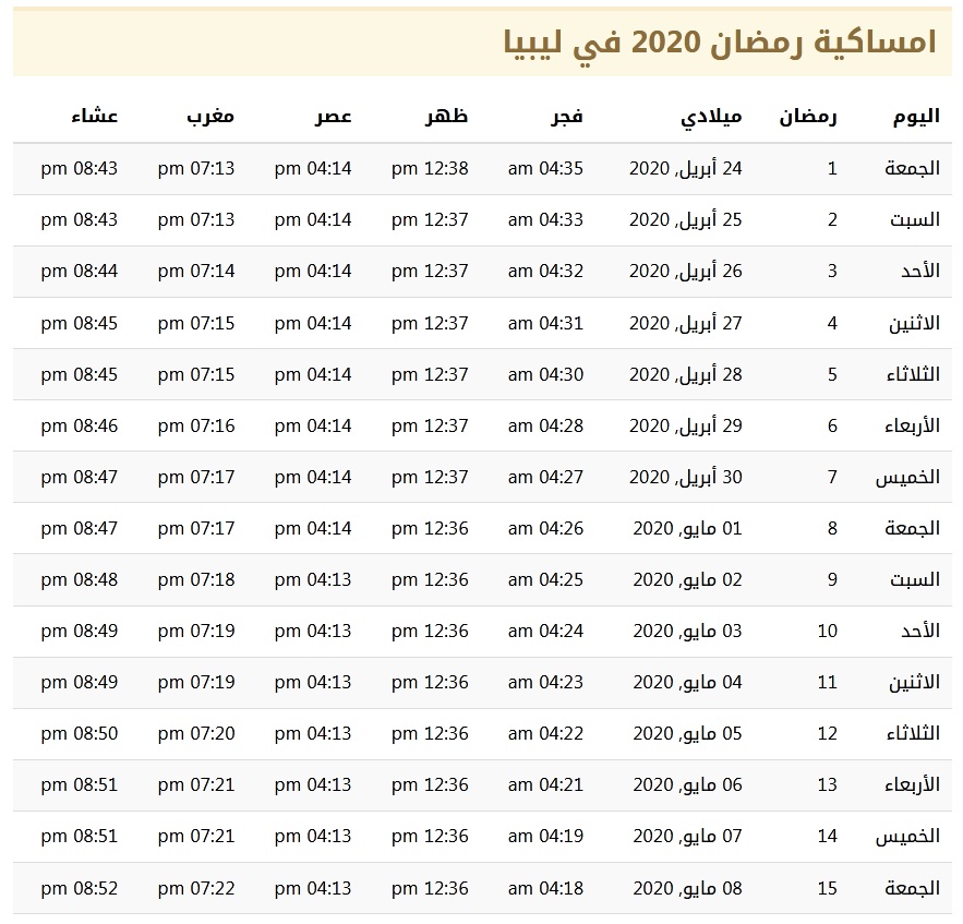 مواقيت الصلاة في شهر رمضان 2020 في ليبيا 1441 مواقيت الصلاة في شهر رمضان 2020 في ليبيا 1441