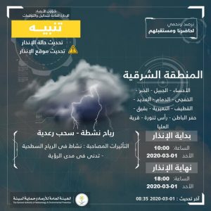 حالة الطقس في السعودية الأحد 1 مارس 2020 ..والأرصاد تُحذر من الرياح وتدني الرؤية
