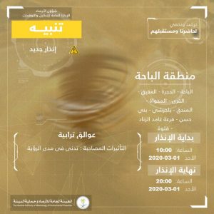 حالة الطقس في السعودية الأحد 1 مارس 2020 ..والأرصاد تُحذر من الرياح وتدني الرؤية حالة الطقس في السعودية الأحد 1 مارس 2020 ..والأرصاد تُحذر من الرياح وتدني الرؤية