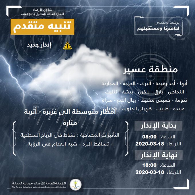 حالة الطقس في السعودية 18 مارس 2020 .. والأرصاد تُحذر من تدني في مستوى الرؤية