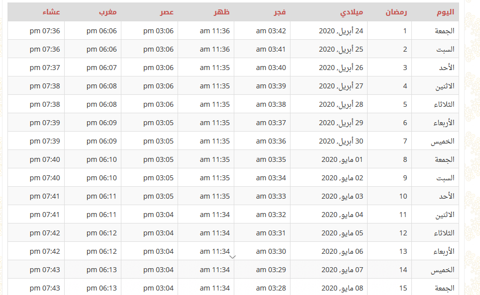مواقيت صلاة رمضان 1441 في البحرين مواقيت صلاة رمضان 1441 في البحرين