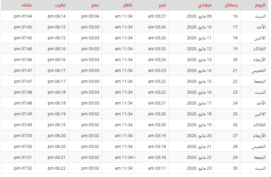 مواقيت صلاة رمضان 1441 في البحرين مواقيت صلاة رمضان 1441 في البحرين