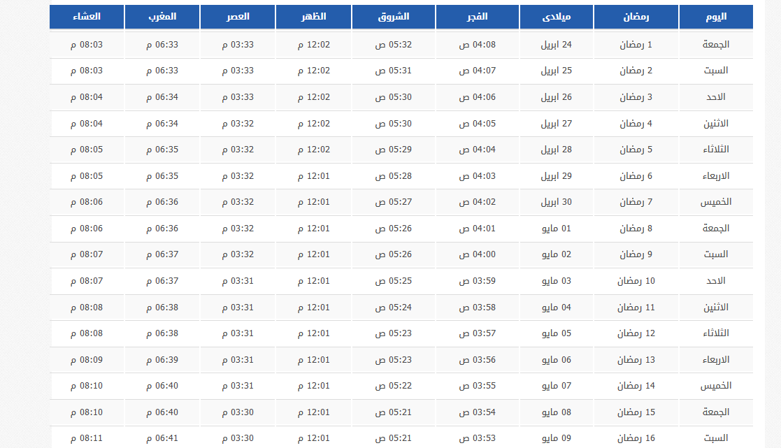 مواقيت صلاة رمضان 1441 في بريدة مواقيت صلاة رمضان 1441 في بريدة
