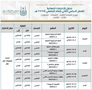جدول اختبارات الفصل الدراسي الثاني بجامعة أم القرى